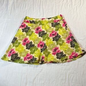 Ann Taylor Silk Floral A-Line Skirt Green Pink Flowy Watercolor Knee Length